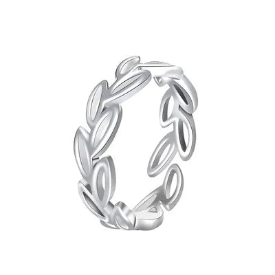 Silver Plated Olive Branch Open Cuff Ring – Adjustable Nature-Inspired Summer Ring