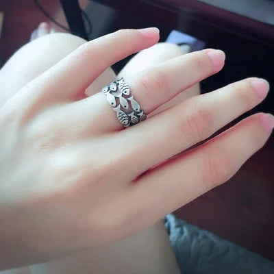 Silver Leaves & Fish Open Ring for Women – Nature-Inspired Vintage Summer Ring