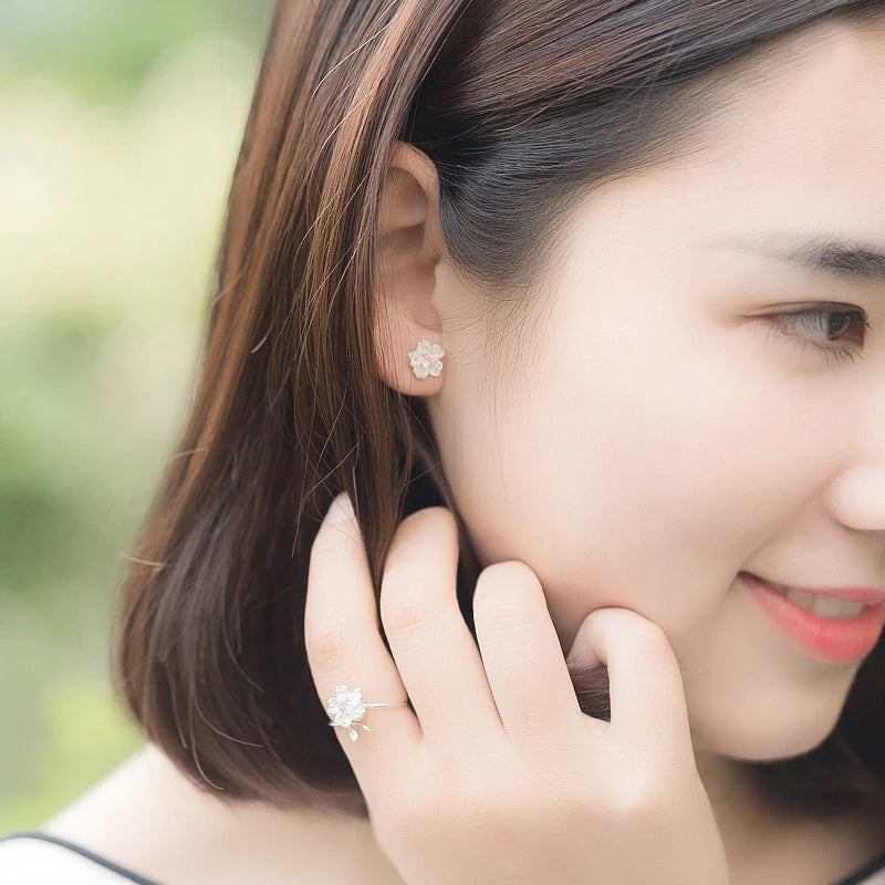 925 Silver Cherry Blossom Handmade Flower Ring – Pink Floral Ring for Women