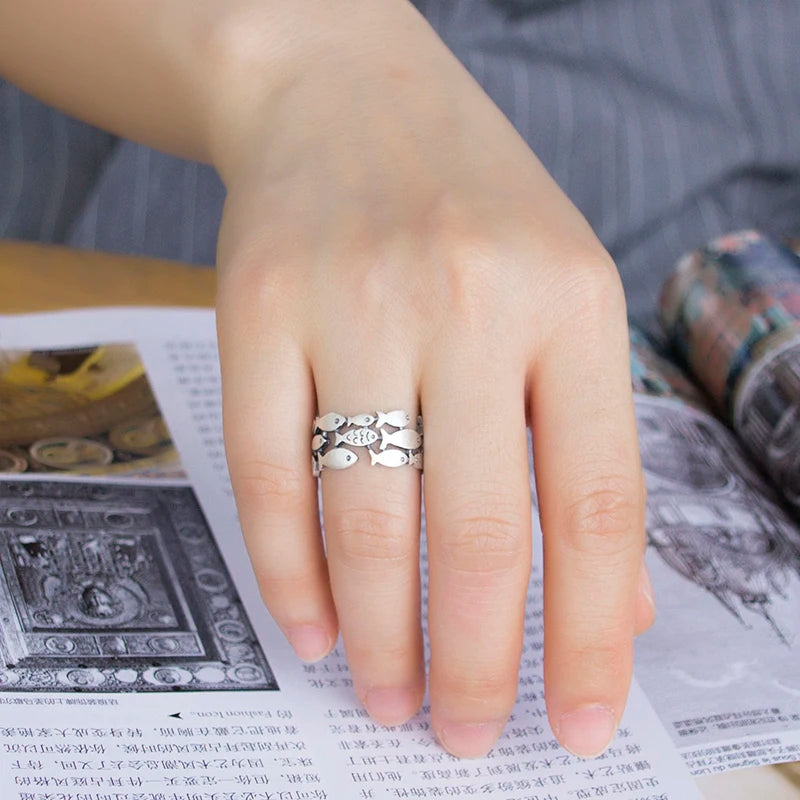 Silver Leaves & Fish Open Ring for Women – Nature-Inspired Vintage Summer Ring