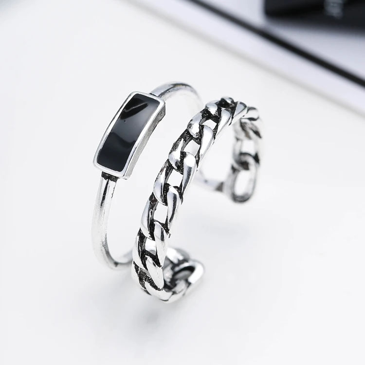 Retro Double Chain Open Ring for Women – Adjustable Silver Fashion Ring