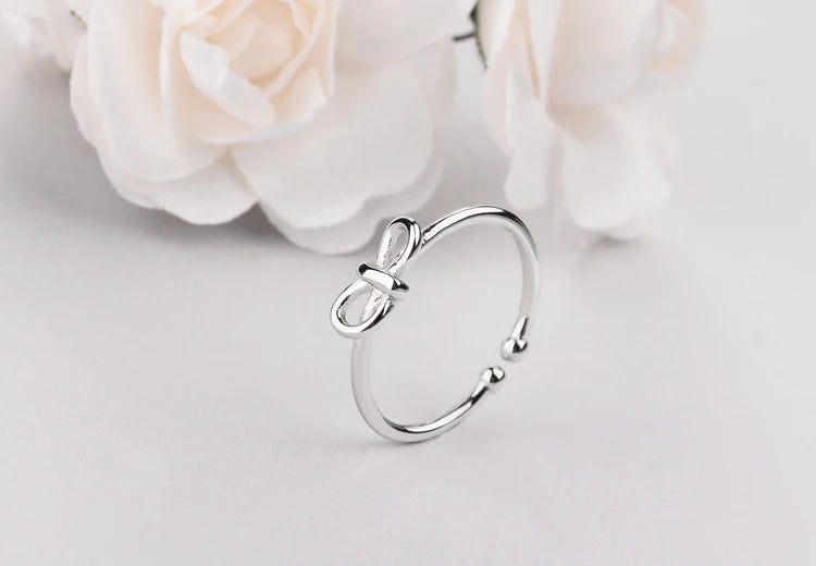 Korean Sweet Bowknot Ring for Women – White Gold Plated Adjustable Engagement Band Ring