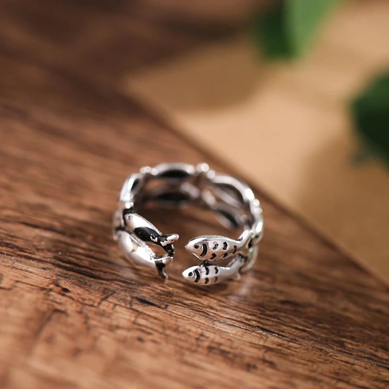 Vintage Fish Silver Open Ring for Women – Adjustable Resizable Nature-Inspired Ring