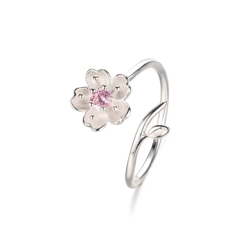 925 Silver Cherry Blossom Handmade Flower Ring – Pink Floral Ring for Women