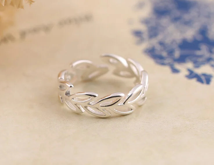 Silver Plated Olive Branch Open Cuff Ring – Adjustable Nature-Inspired Summer Ring