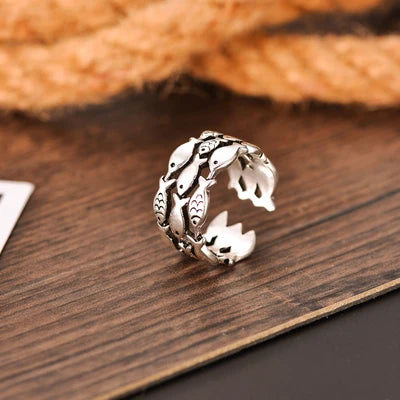 Silver Leaves & Fish Open Ring for Women – Nature-Inspired Vintage Summer Ring