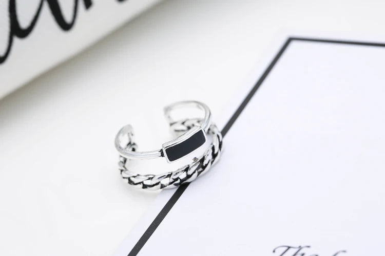 Retro Double Chain Open Ring for Women – Adjustable Silver Fashion Ring