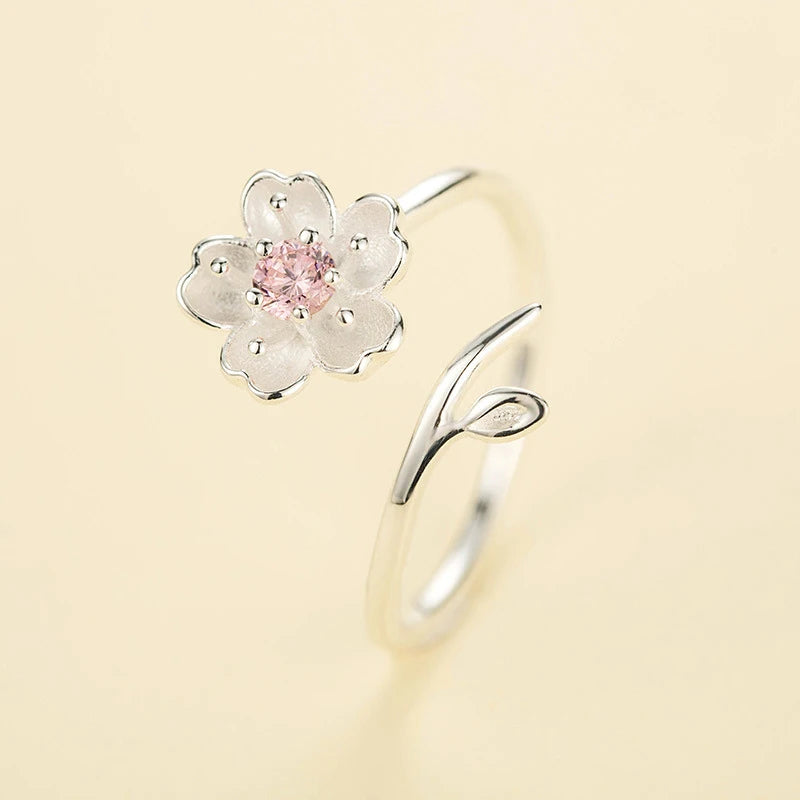 925 Silver Cherry Blossom Handmade Flower Ring – Pink Floral Ring for Women