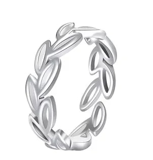 Silver Plated Olive Branch Open Cuff Ring – Adjustable Nature-Inspired Summer Ring