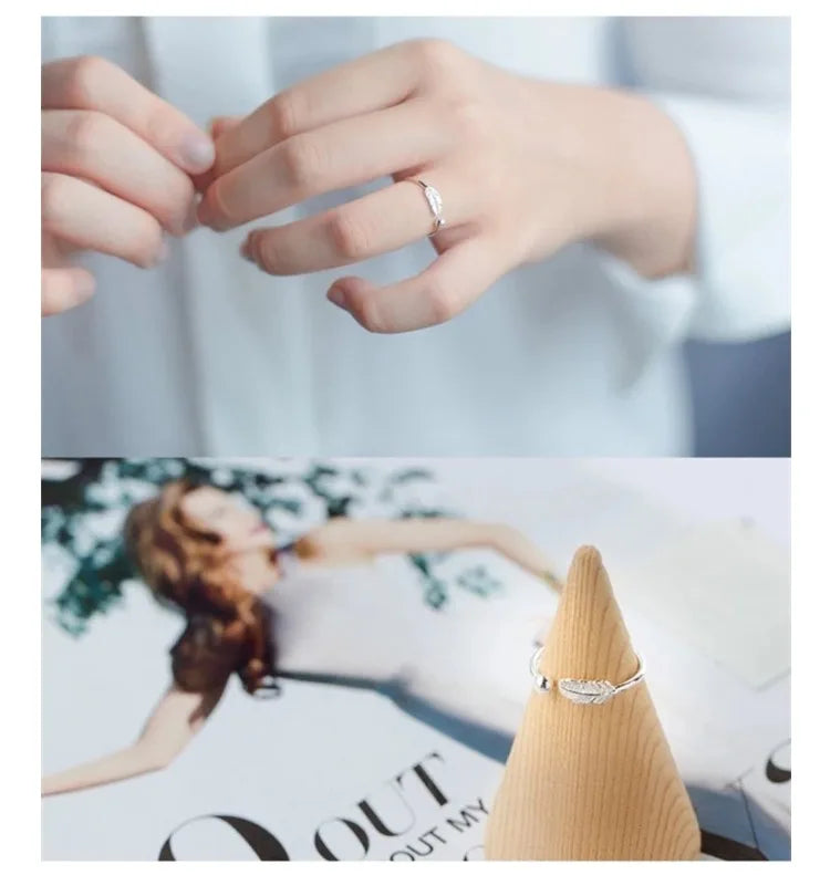 Silver Feather Open Ring for Women – Adjustable Fine Jewelry Finger Ring