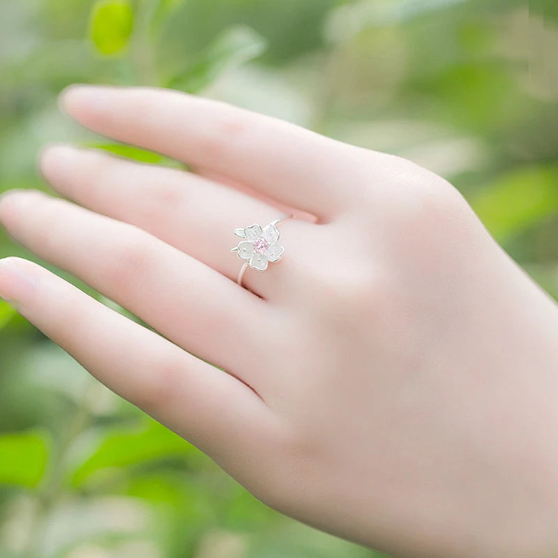 925 Silver Cherry Blossom Handmade Flower Ring – Pink Floral Ring for Women