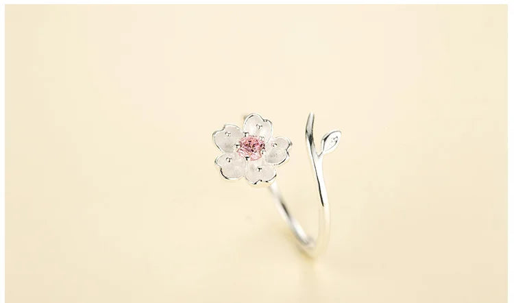 925 Silver Cherry Blossom Handmade Flower Ring – Pink Floral Ring for Women