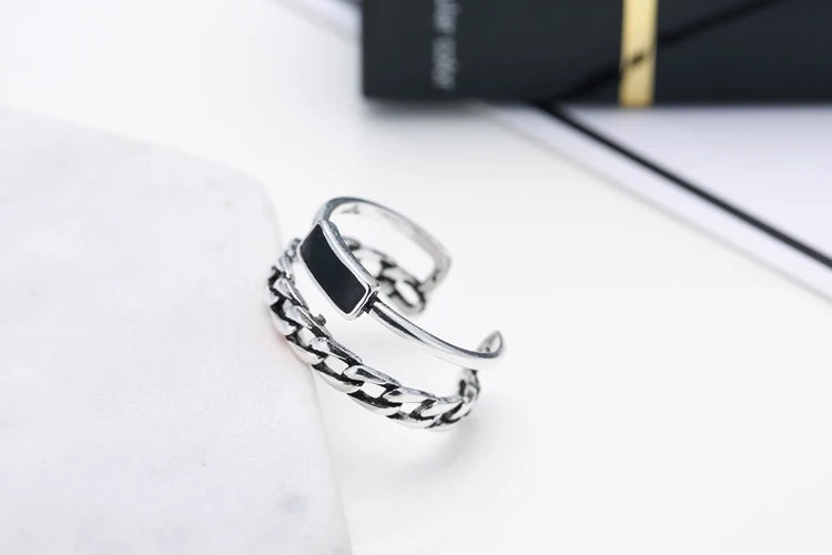 Retro Double Chain Open Ring for Women – Adjustable Silver Fashion Ring