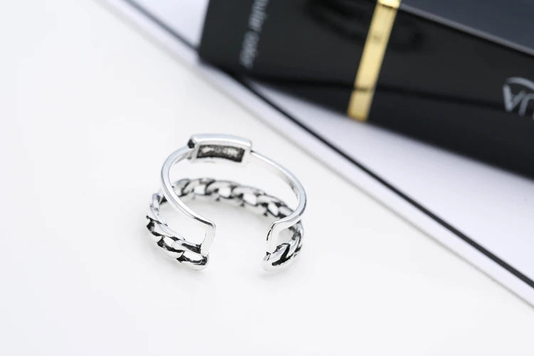 Retro Double Chain Open Ring for Women – Adjustable Silver Fashion Ring