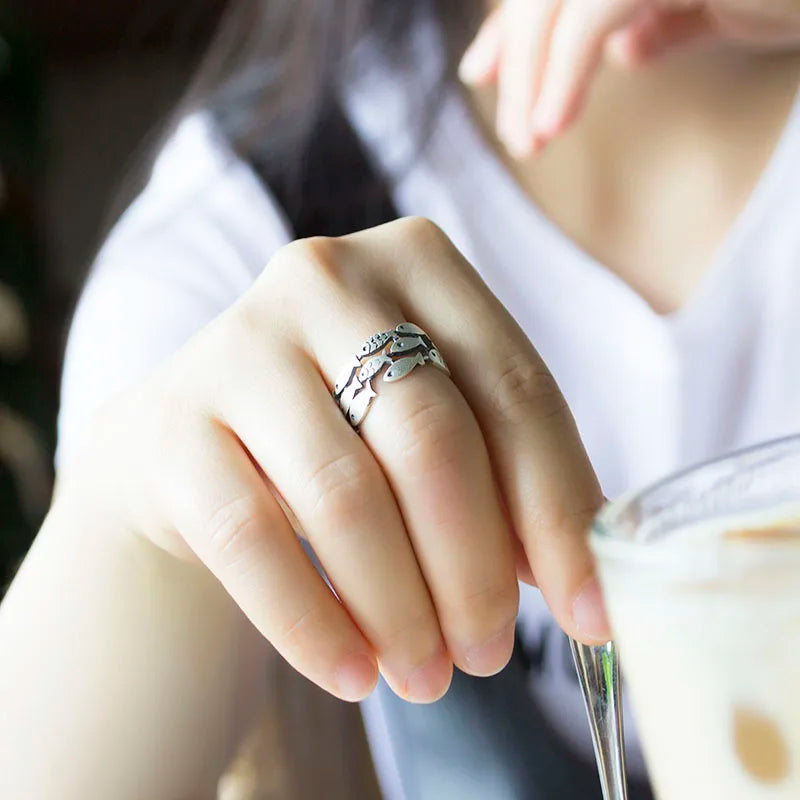 Silver Leaves & Fish Open Ring for Women – Nature-Inspired Vintage Summer Ring