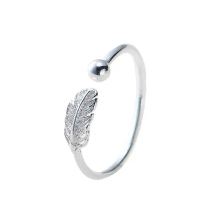 Silver Feather Open Ring for Women – Adjustable Fine Jewelry Finger Ring