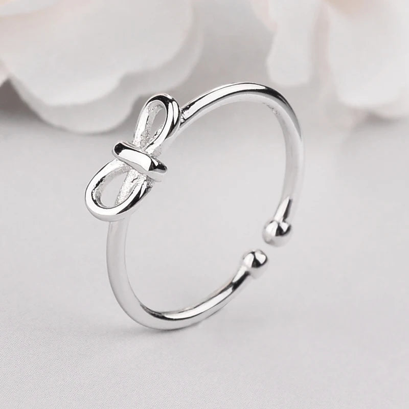 Korean Sweet Bowknot Ring for Women – White Gold Plated Adjustable Engagement Band Ring