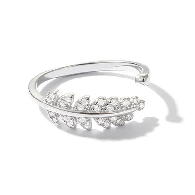 925 Silver Open Leaf Ring with Zircon for Women – Vintage Nature-Inspired Adjustable Ring