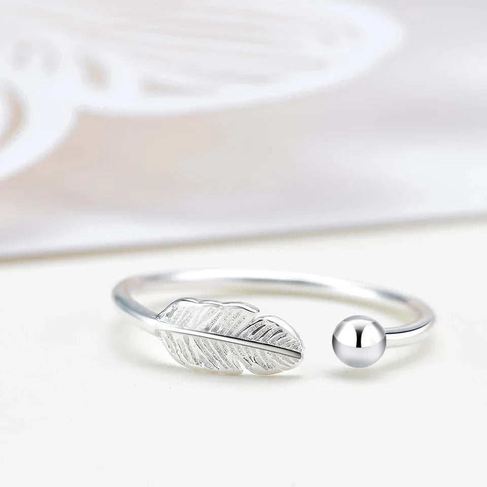 Silver Feather Open Ring for Women – Adjustable Fine Jewelry Finger Ring