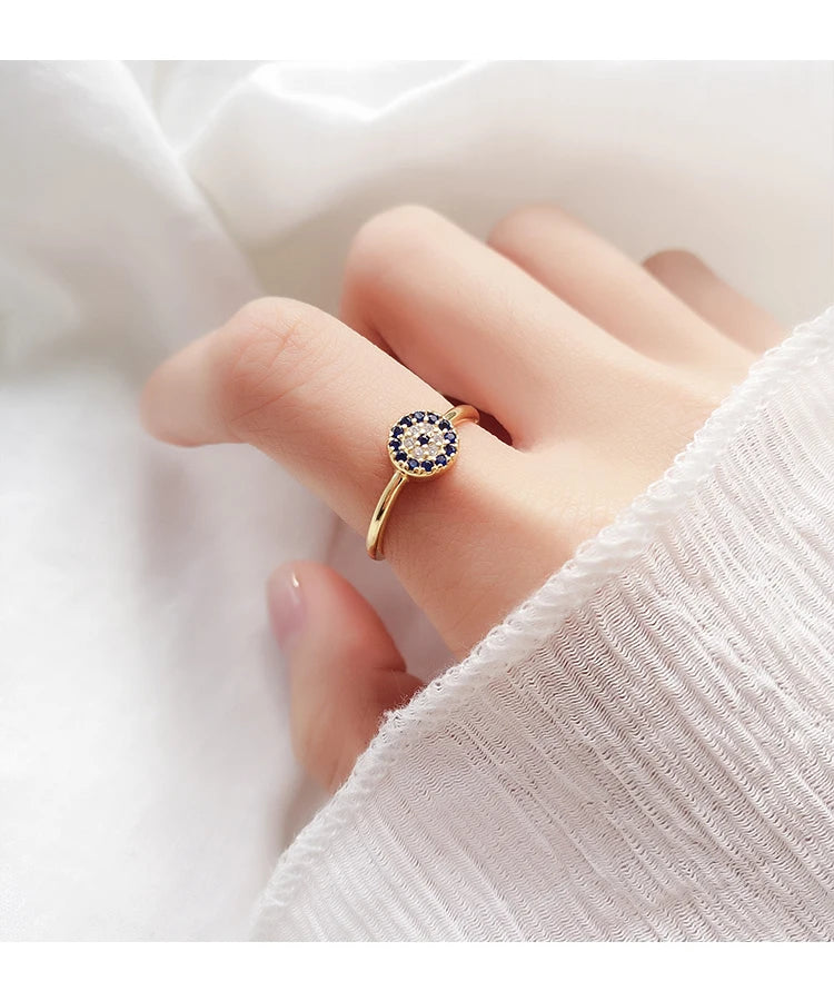 925 Sterling Silver Evil Eye Zircon Open Ring – Adjustable Spiritual Protection Ring