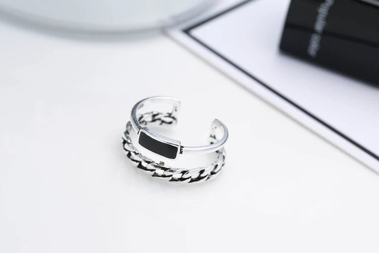 Retro Double Chain Open Ring for Women – Adjustable Silver Fashion Ring