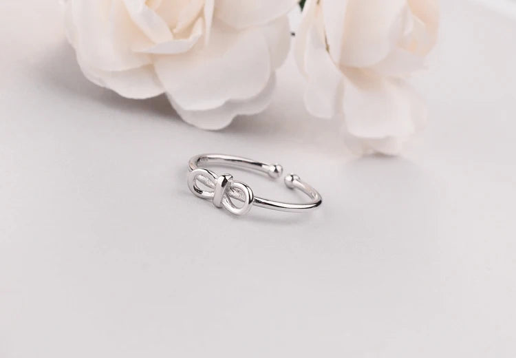 Korean Sweet Bowknot Ring for Women – White Gold Plated Adjustable Engagement Band Ring