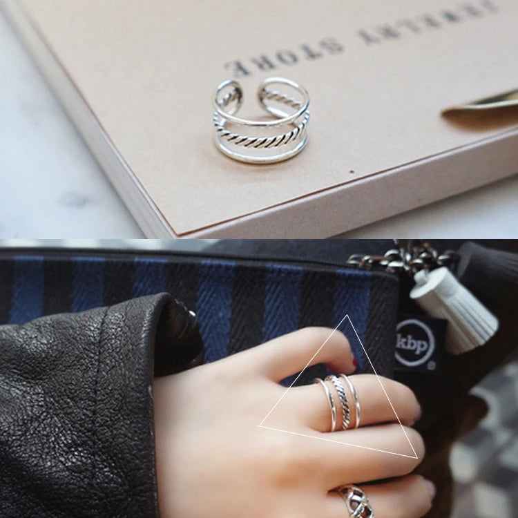 Silver Three-Layer Open Ring for Women – Vintage Stacked Fashion Ring