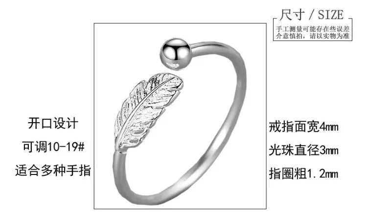 Silver Feather Open Ring for Women – Adjustable Fine Jewelry Finger Ring