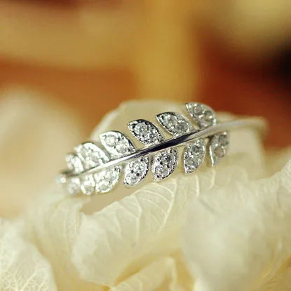 925 Silver Open Leaf Ring with Zircon for Women – Vintage Nature-Inspired Adjustable Ring