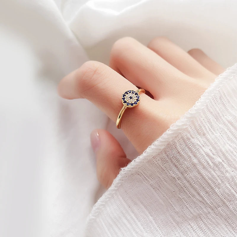 925 Sterling Silver Evil Eye Zircon Open Ring – Adjustable Spiritual Protection Ring