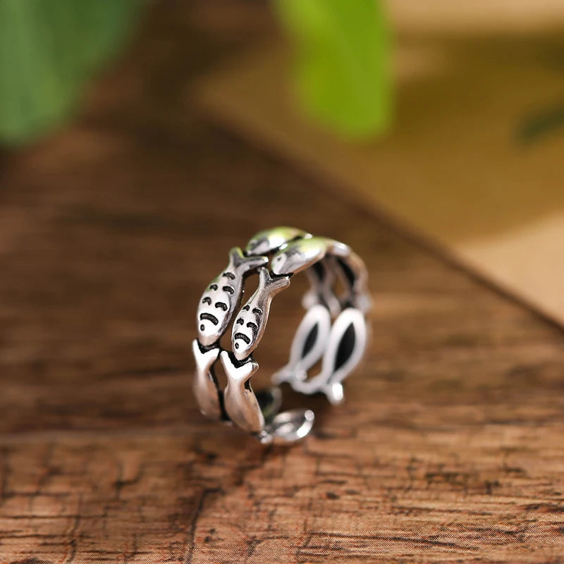 Vintage Fish Silver Open Ring for Women – Adjustable Resizable Nature-Inspired Ring