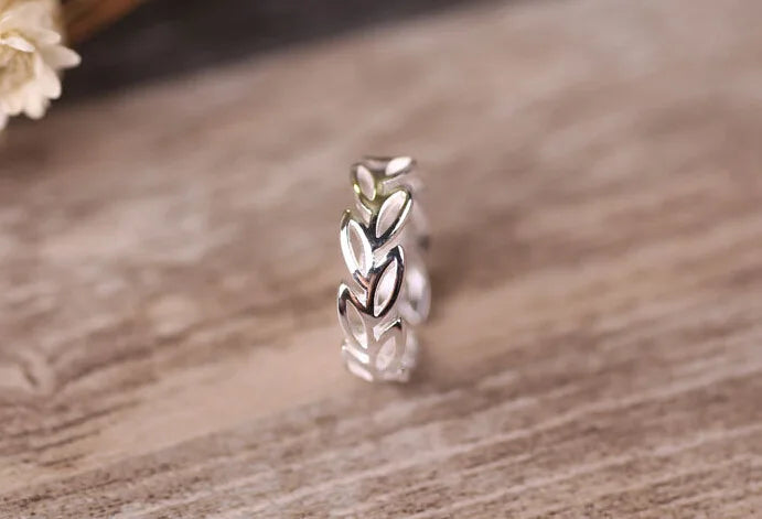 Silver Plated Olive Branch Open Cuff Ring – Adjustable Nature-Inspired Summer Ring