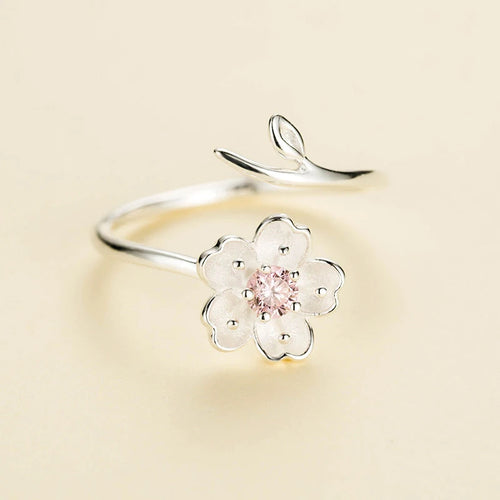 925 Silver Cherry Blossom Handmade Flower Ring – Pink Floral Ring for Women