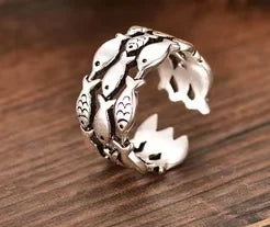 Silver Leaves & Fish Open Ring for Women – Nature-Inspired Vintage Summer Ring